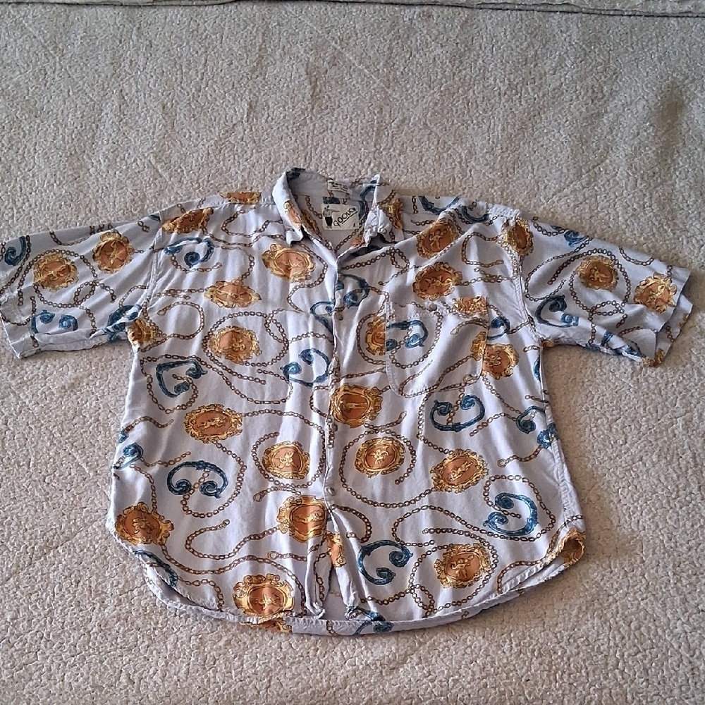 Men's Goouch Vintage Casual Button Down Shirt with Gold and Blue Pattern Large